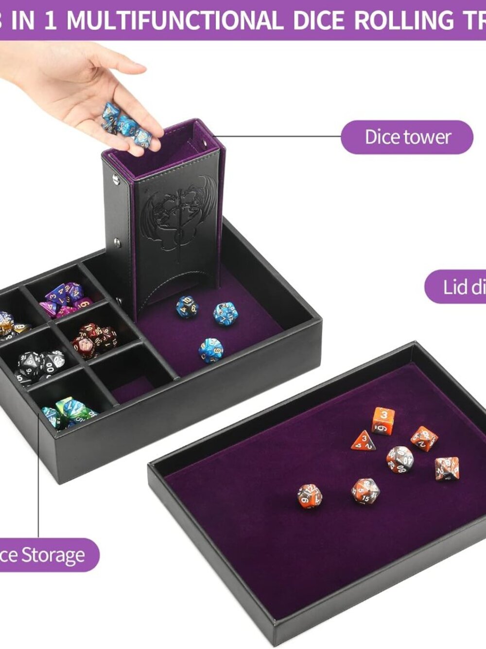 DND Dice Tray and Dice Tower with Storage, 3 in 1 Dice Rolling Tray with Lid, Po - Picture 5 of 7